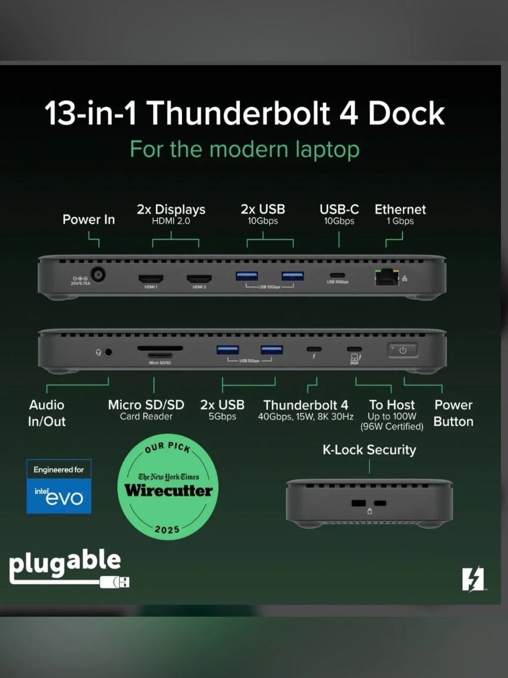 PLUGABLE THUNDERBOLT 4 DOCK FOR 4K DUAL MONITORS OR SINGLE 8K, 100W LAPTOP CHARG